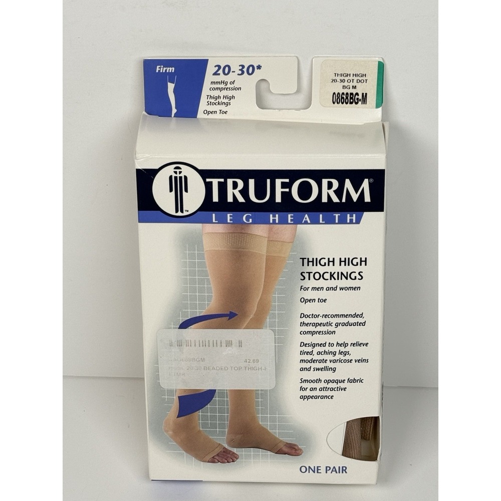 Truform Firm 20-30mmhg Thigh High Open Toe Beige Compression Stockings Medium